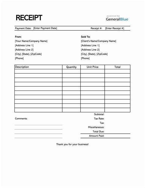 receipt sample template excel