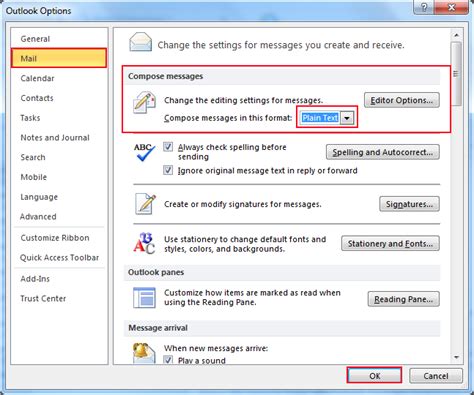 receiving emails in plain text format