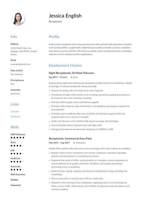 reception cv examples