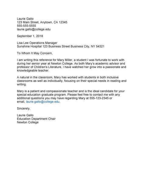 reference letter format for student from professor