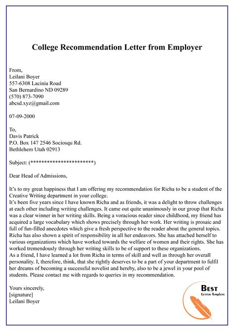 reference letter sample for student from employer