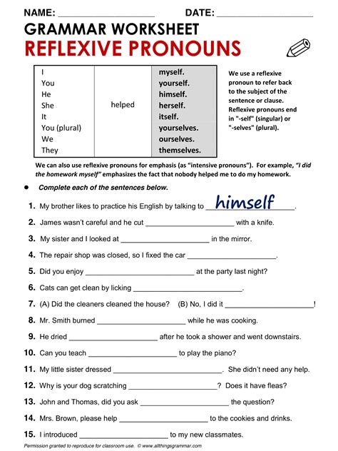 reflexive pronouns exercises with answers
