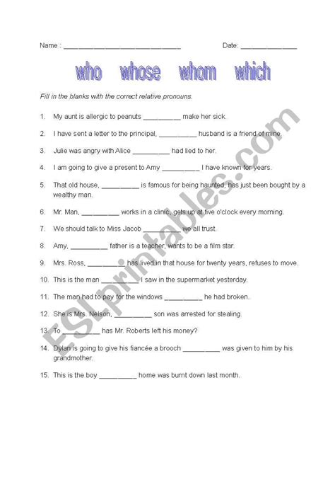 relative pronouns who which whose exercises pdf