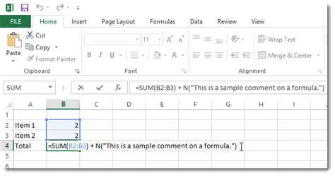 remarks formula in excel 2013