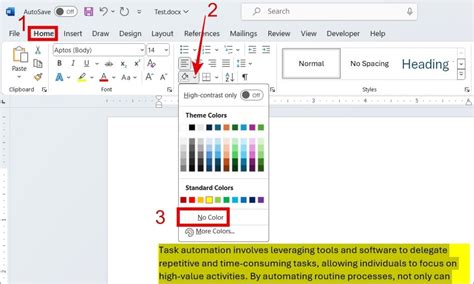 remove background color from text in word shortcut