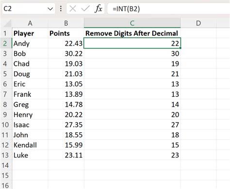 remove numbers after decimal point in excel