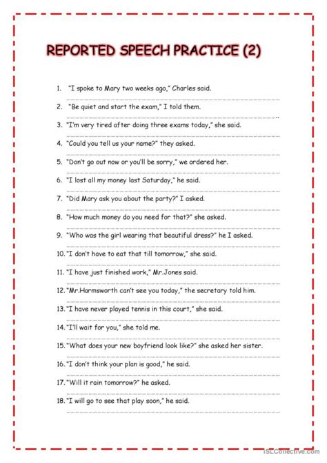 reported speech exercises for class 9 with answers pdf