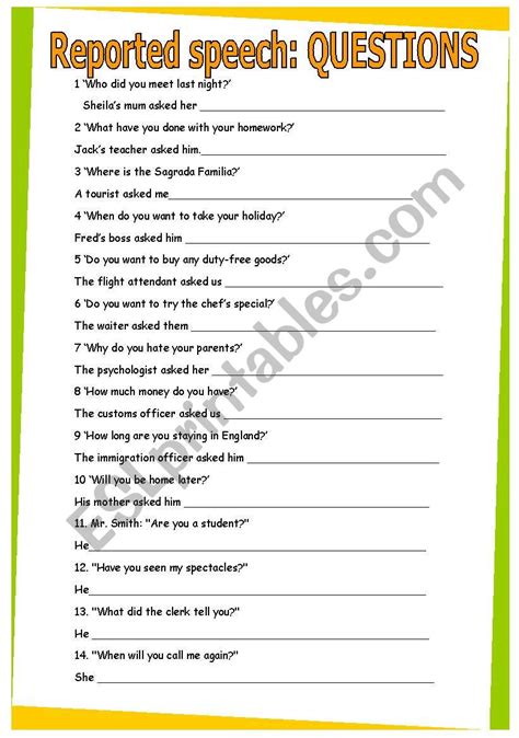 reported speech questions worksheet with answers