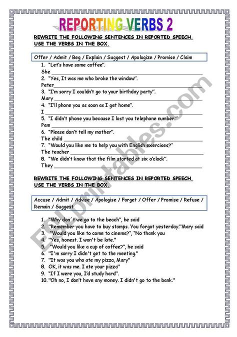 reporting verbs exercises with answers pdf