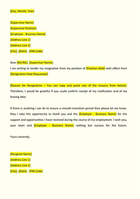 resignation letter format word