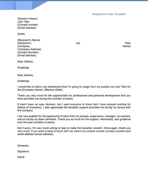 resignation letter sample format in word