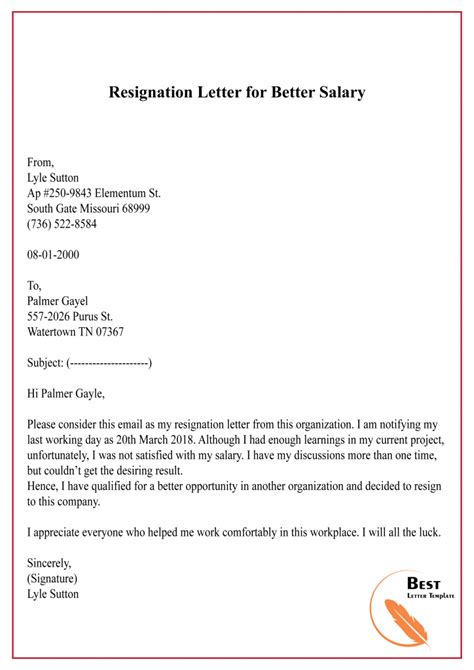 resignation letter sample with reason better salary