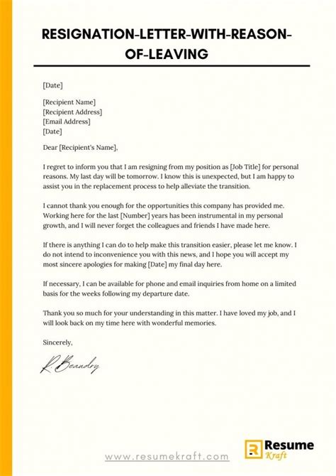 resignation letter with reason for leaving example