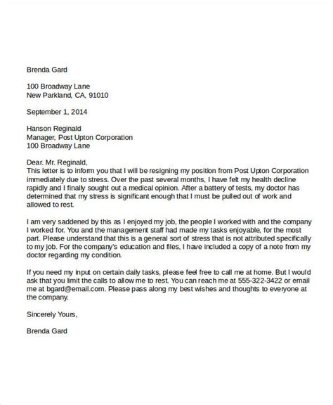 resigning with immediate effect due to stress uk template