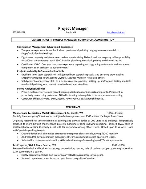 responsibilities of project manager resume