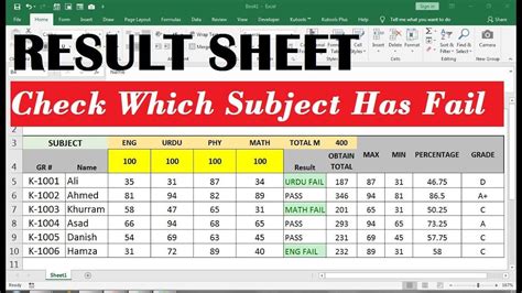 result formula in excel marksheet