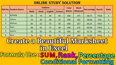 result rank formula in excel marksheet