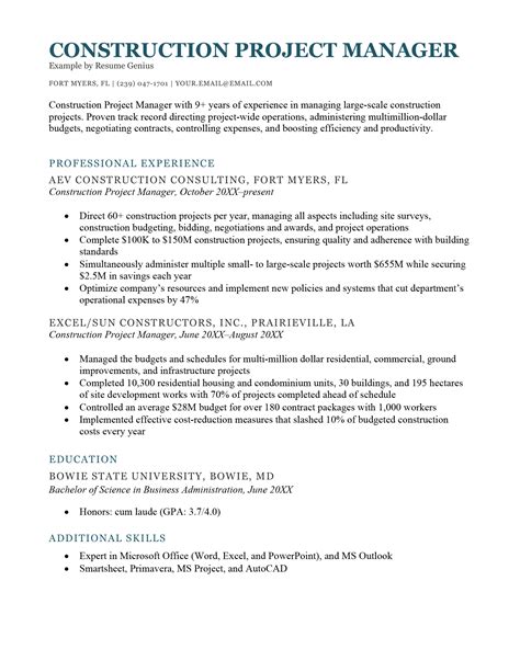resume examples construction project manager