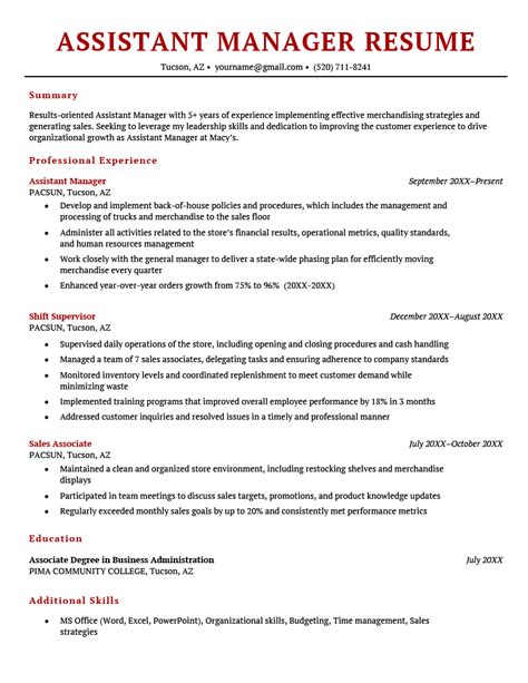 resume examples for assistant manager