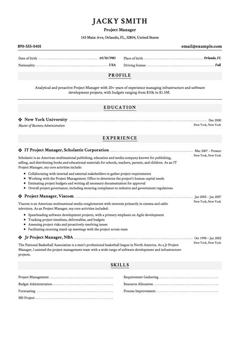 resume examples for project manager