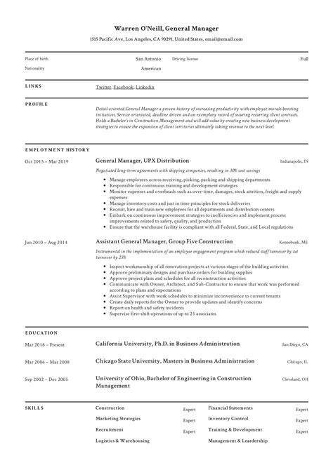resume examples general manager