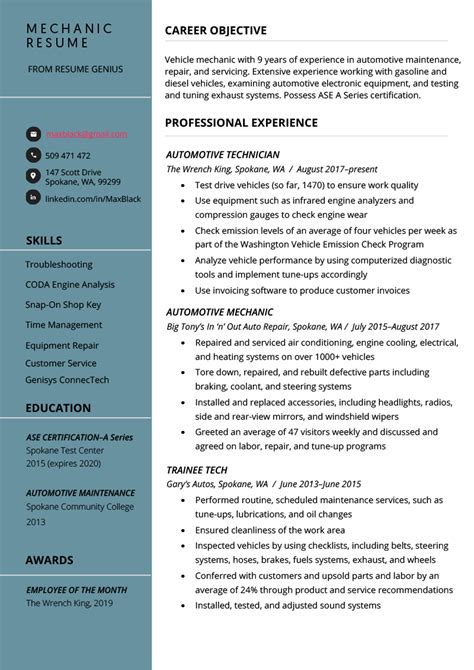 resume examples mechanic