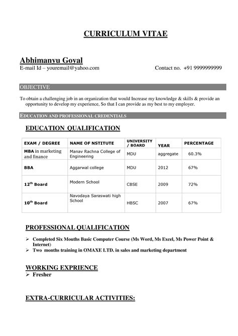 resume for freshers template word