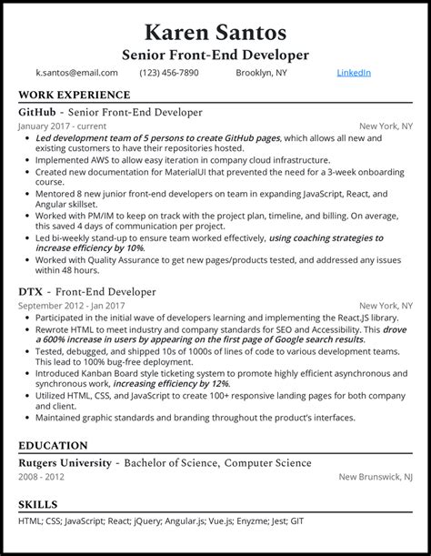 resume format for experienced front end developer