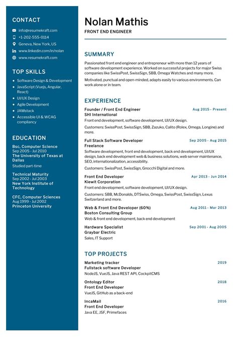 resume format for fresher front end developer