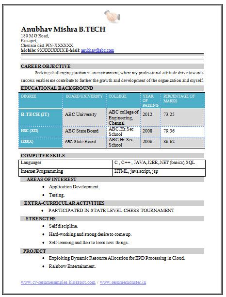 resume format for infosys freshers