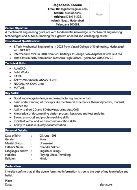 resume format mechanical engineering fresher
