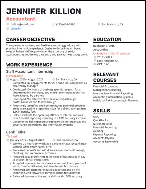 resume objective examples for accounting