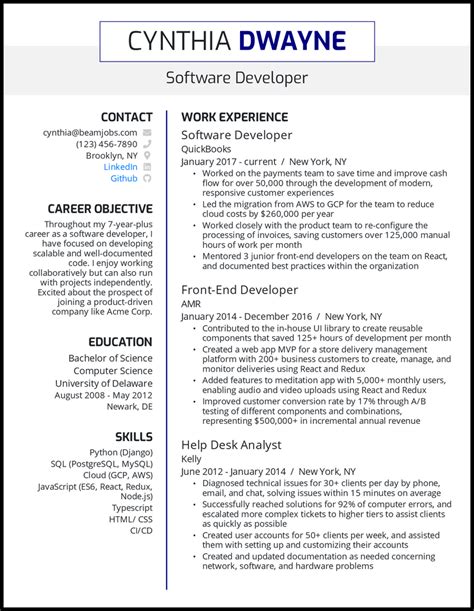 resume objective examples for software developer