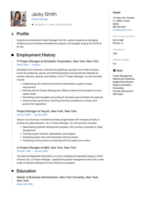 resume profile examples for project management
