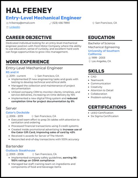 resume summary examples for mechanical engineers