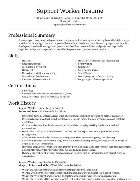 resume summary examples for support worker