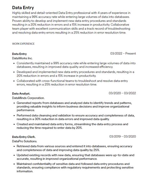 resume summary for data entry position