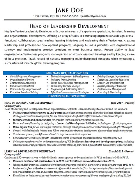 resume summary statement examples for leadership