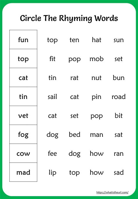rhyming word list for 2nd grade