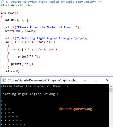 right triangle pattern program in c