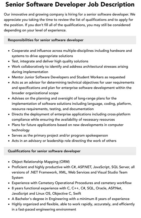 roles and responsibilities for senior software developer
