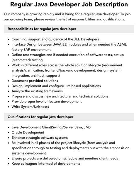 roles and responsibilities of java backend developer