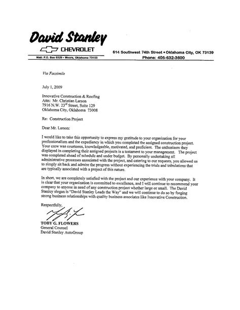 Roofing Contractor Letter of Recommendation