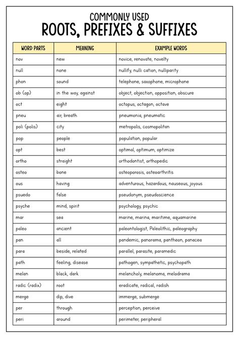 root prefix and suffix words list