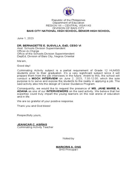 sample application letter for mock interview