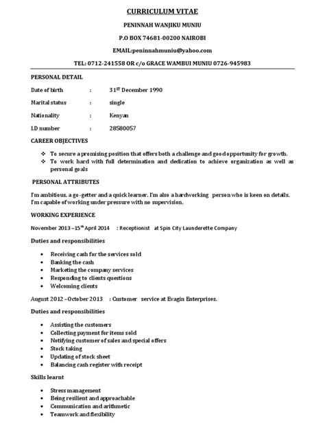 sample cv for job application pdf in kenya