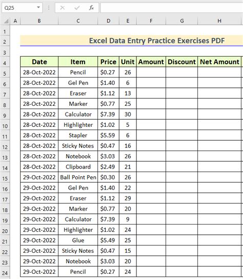 sample data for excel practice pdf