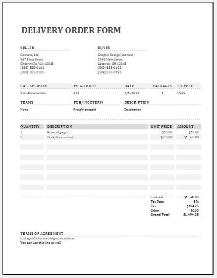 sample delivery order excel format