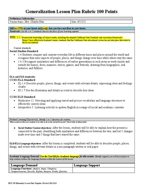 sample generalization activity in lesson plan