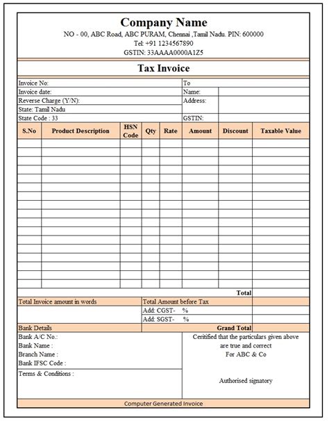 sample invoice format in excel for gst